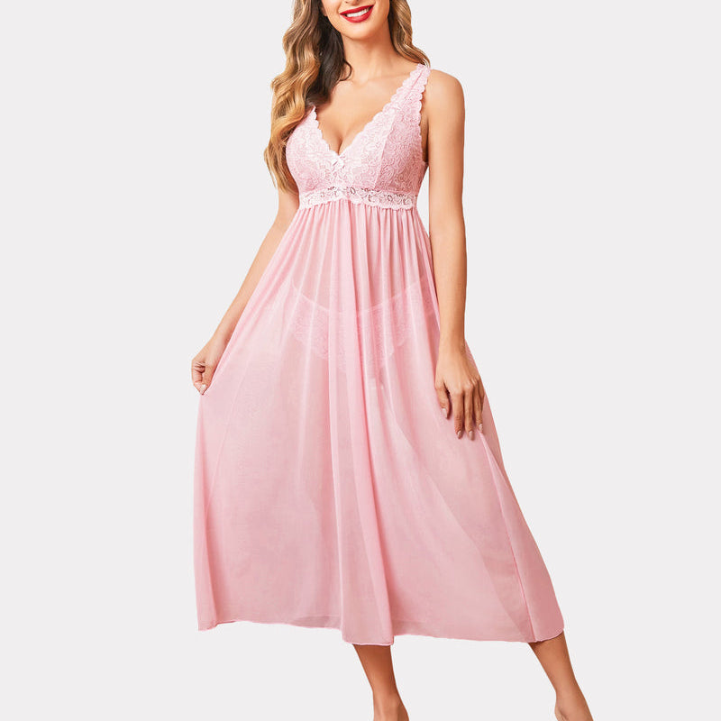 Pink lace mesh V-neck chemise babydoll lingerie, sexy nightwear for women