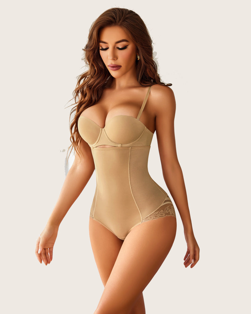 Nude high waist tummy control cincher with built-in bra and lace detail, shaping shapewear