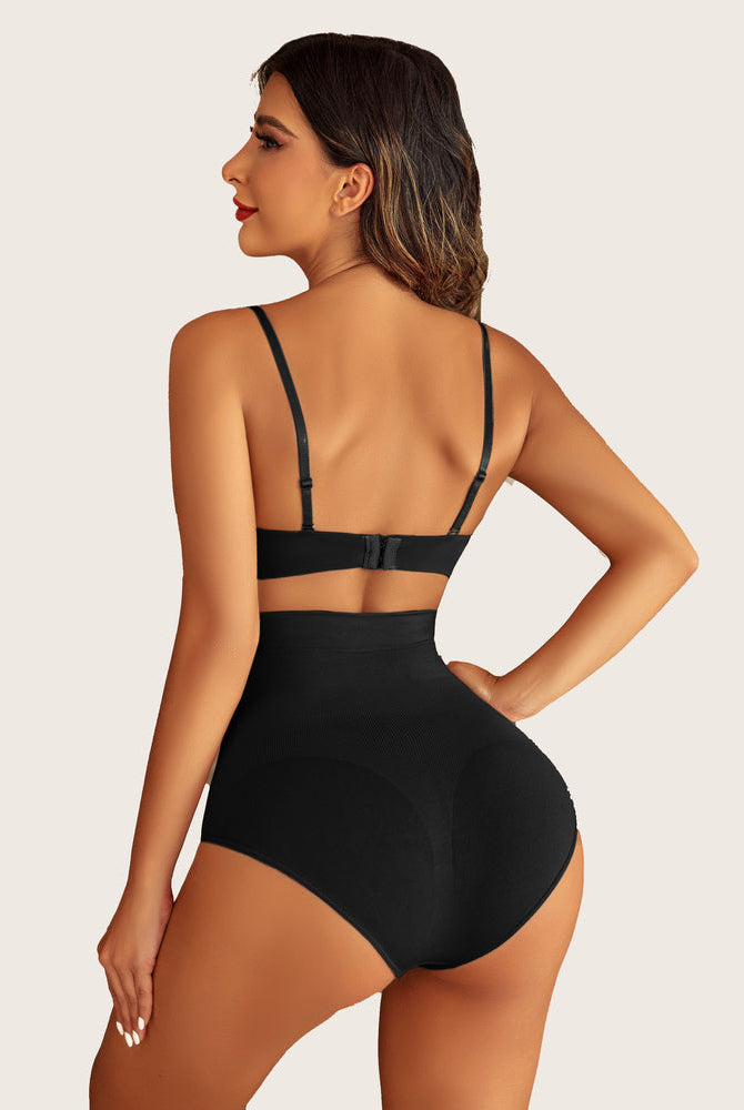Black high-waist shapewear panty with bra set, smooth seamless tummy control design.