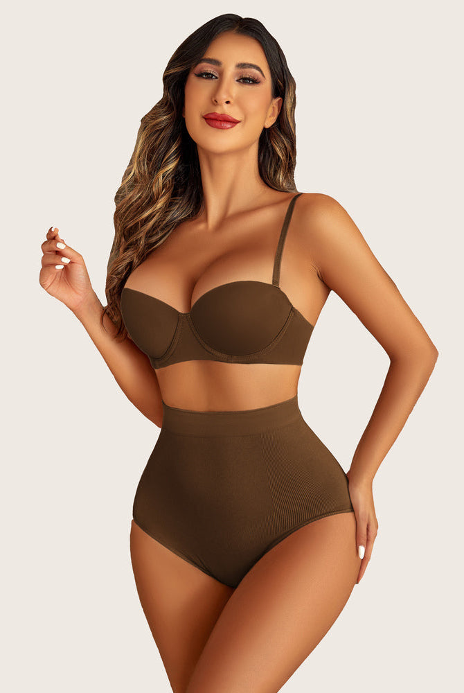 Brown high waist shapewear panty and bra. Seamless design, tummy control, fits all body types.