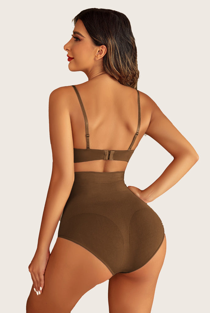 Brown high waist shapewear panty and bra set. Seamless tummy control design for all body types.