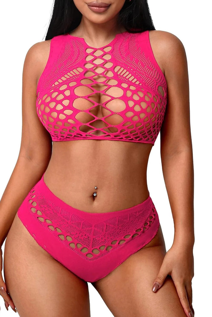 Pink fishnet high-neck crop top and high-waist panty lingerie set