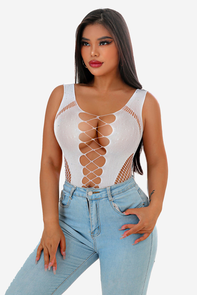 White mesh fishnet rhinestone bodysuit with lace-up front and sparkle, for women. Sexy lingerie.