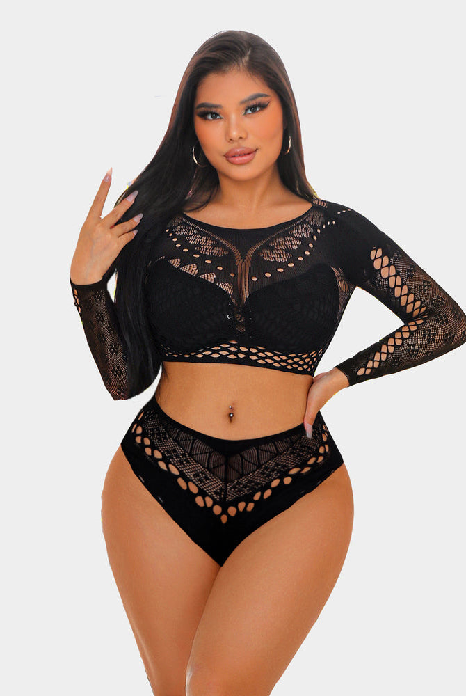 Black fishnet two-piece lingerie set, perfect for showing off curves, by Avidlove