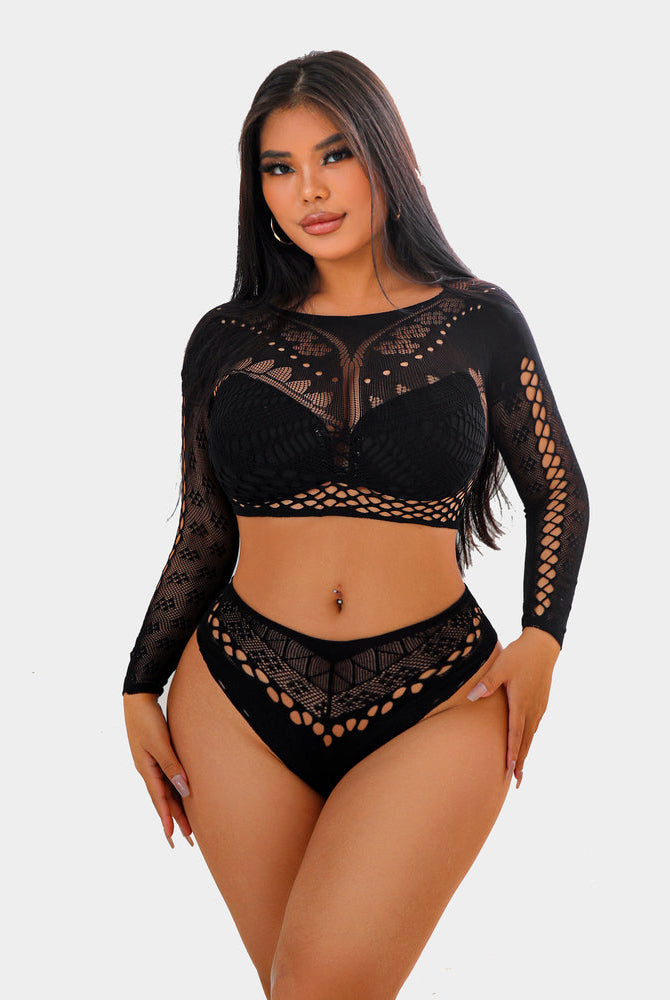 Black fishnet long sleeve two piece set, perfect for showing off curves, sexy lingerie