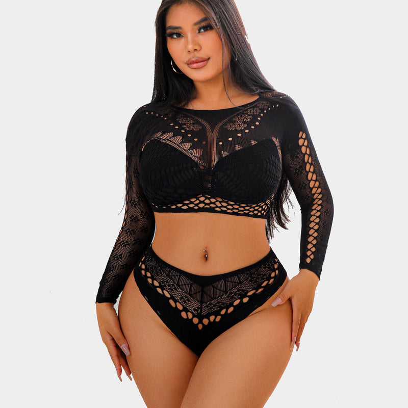 Black fishnet long sleeve two piece set, perfect for showing off curves, sexy lingerie