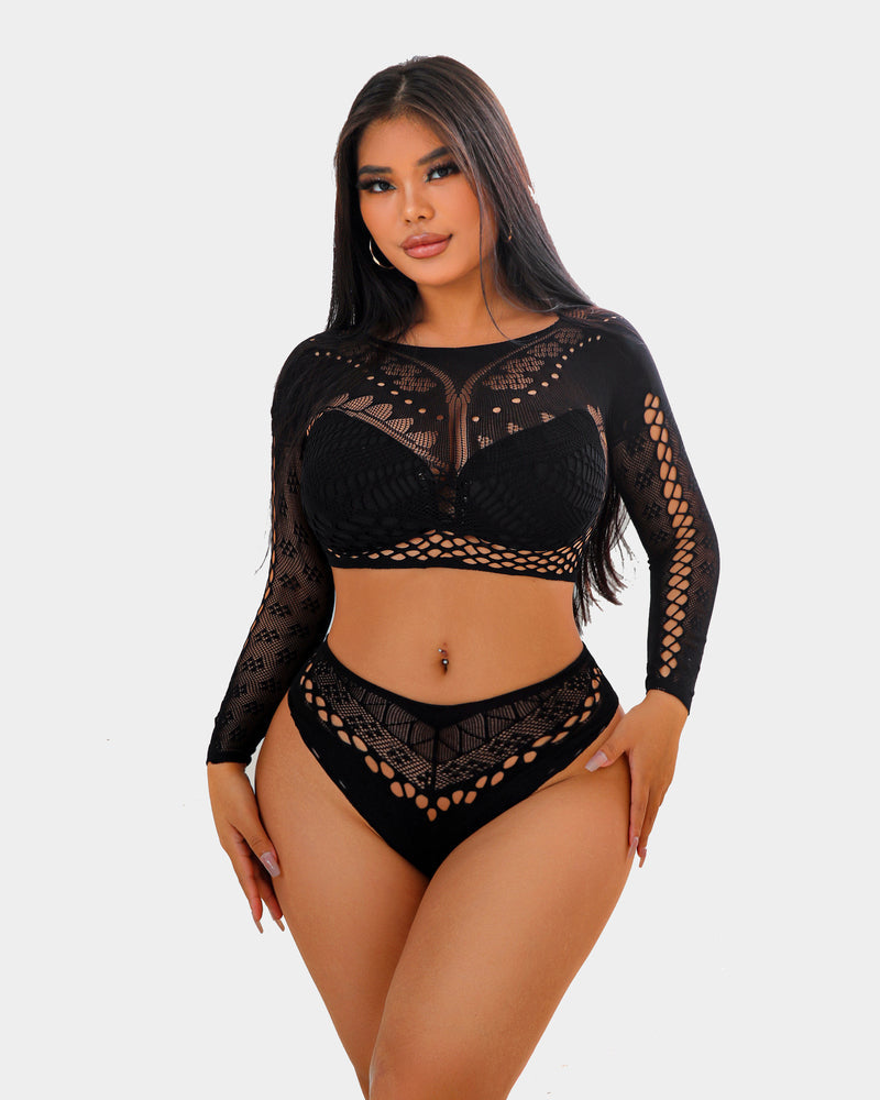 Black fishnet long sleeve two piece set, perfect for showing off curves, sexy lingerie
