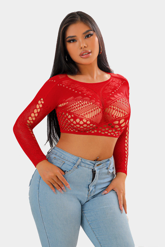 Red fishnet long sleeve crop top lingerie set, sexy design, showing curves, perfect for women.