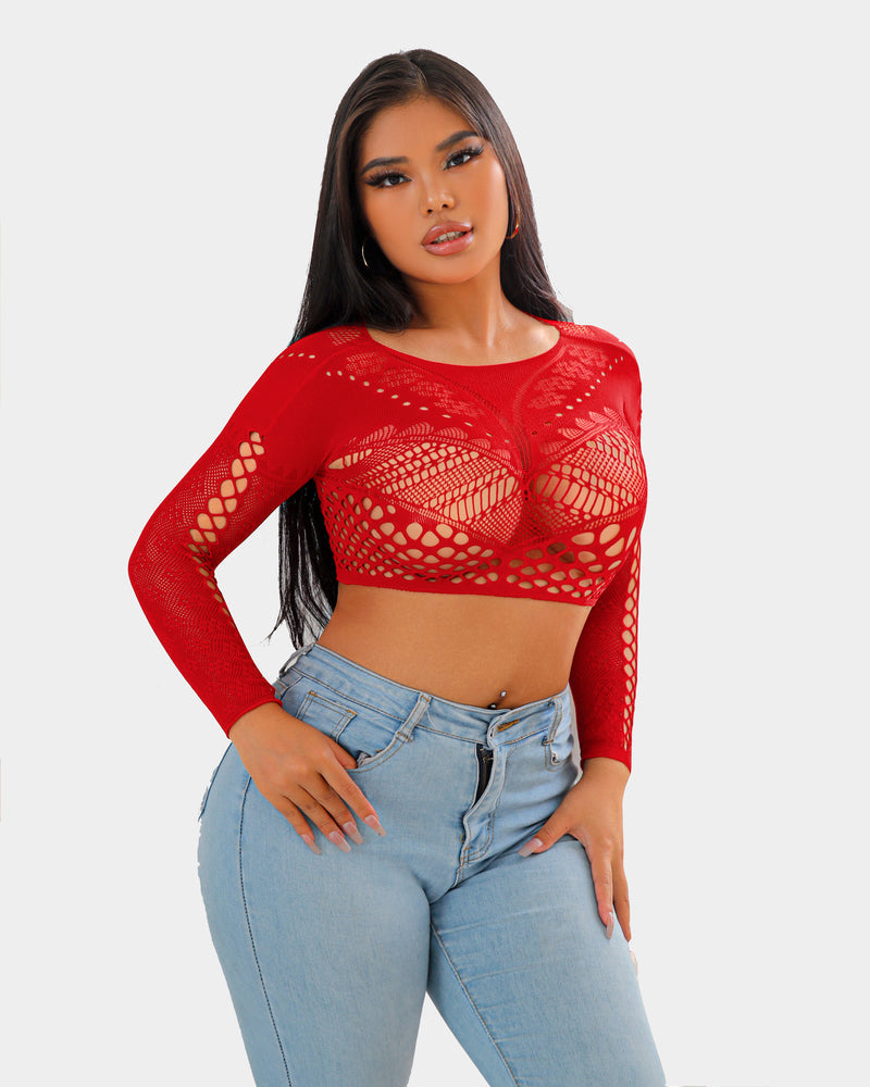 Red fishnet long sleeve crop top lingerie set, sexy design, showing curves, perfect for women.