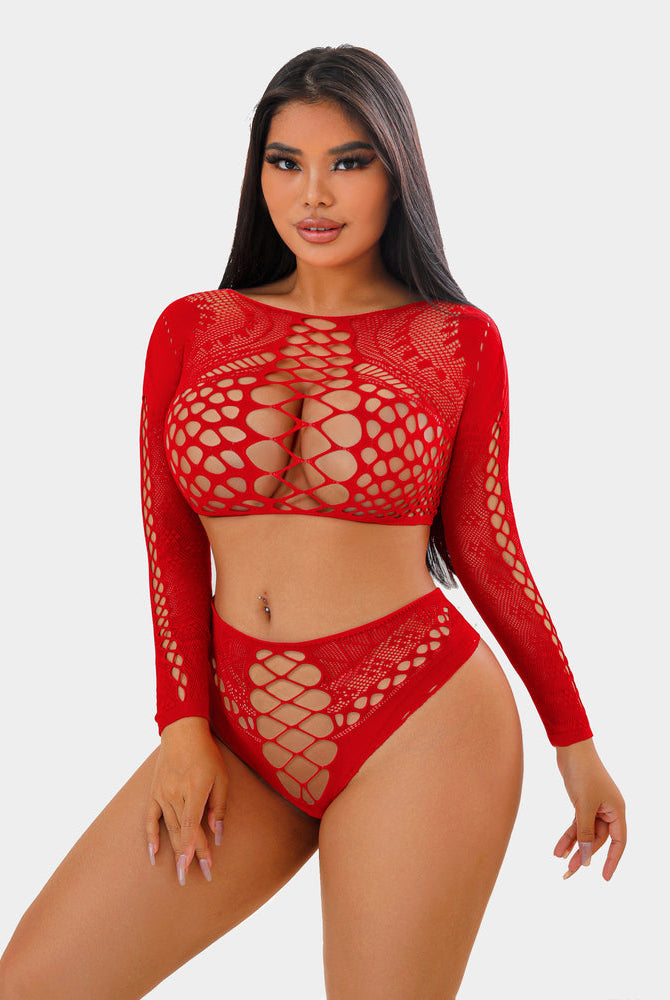 Red fishnet long sleeve two piece lingerie set, Avidlove, perfect for showing curves