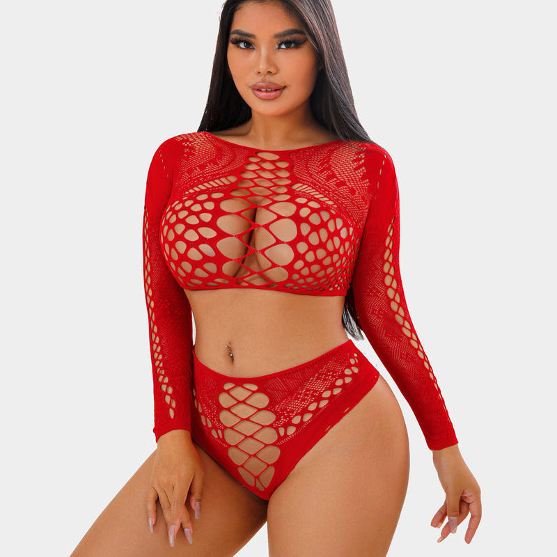 Red fishnet long sleeve two piece lingerie set, Avidlove, perfect for showing curves