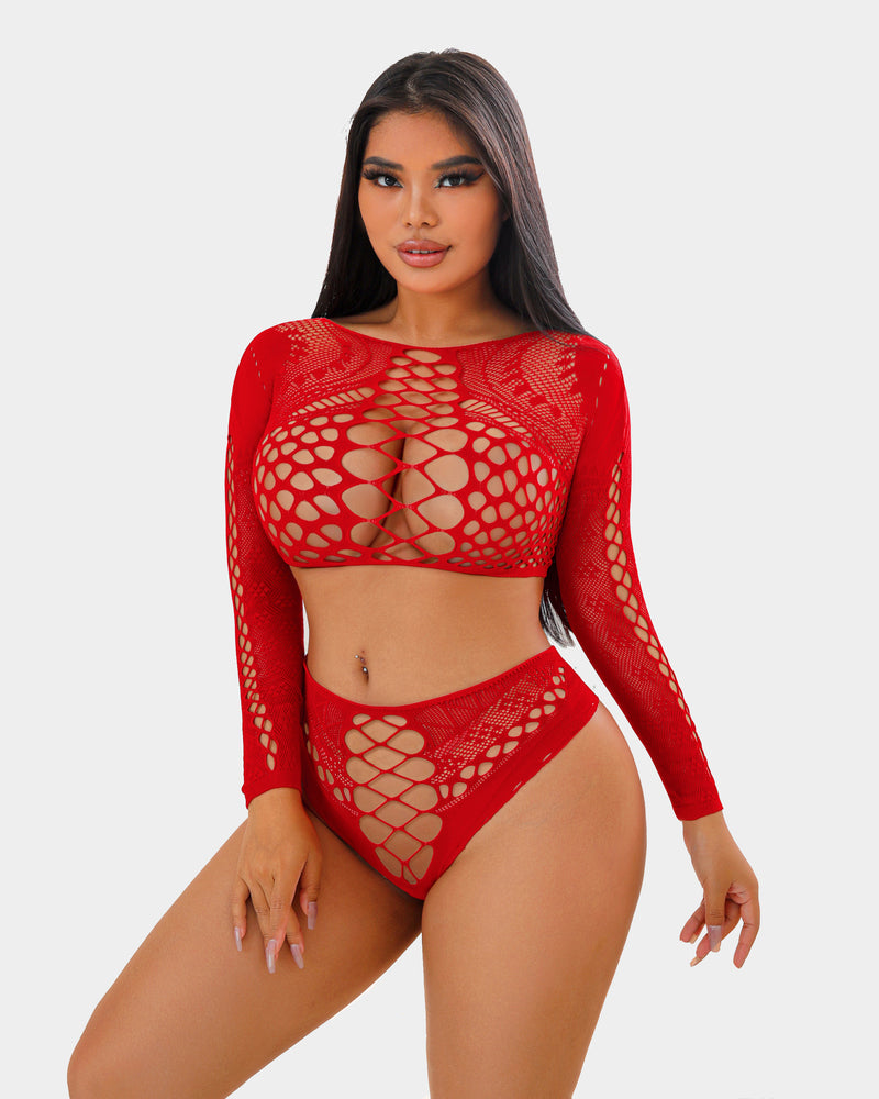 Red fishnet long sleeve two piece lingerie set, Avidlove, perfect for showing curves