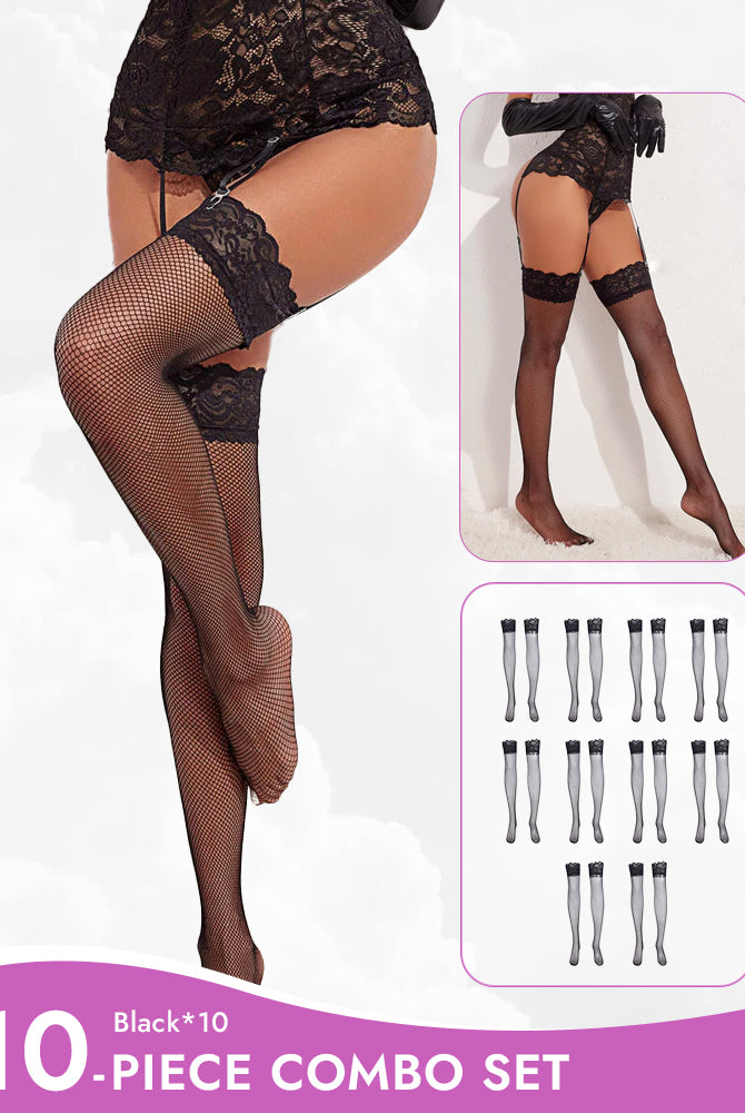Black fishnet thigh-high stockings combo set. Sheer lace trim, perfect lingerie.