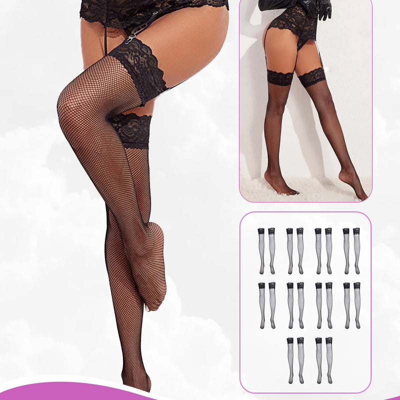 Black fishnet thigh-high stockings combo set. Sheer lace trim, perfect lingerie.