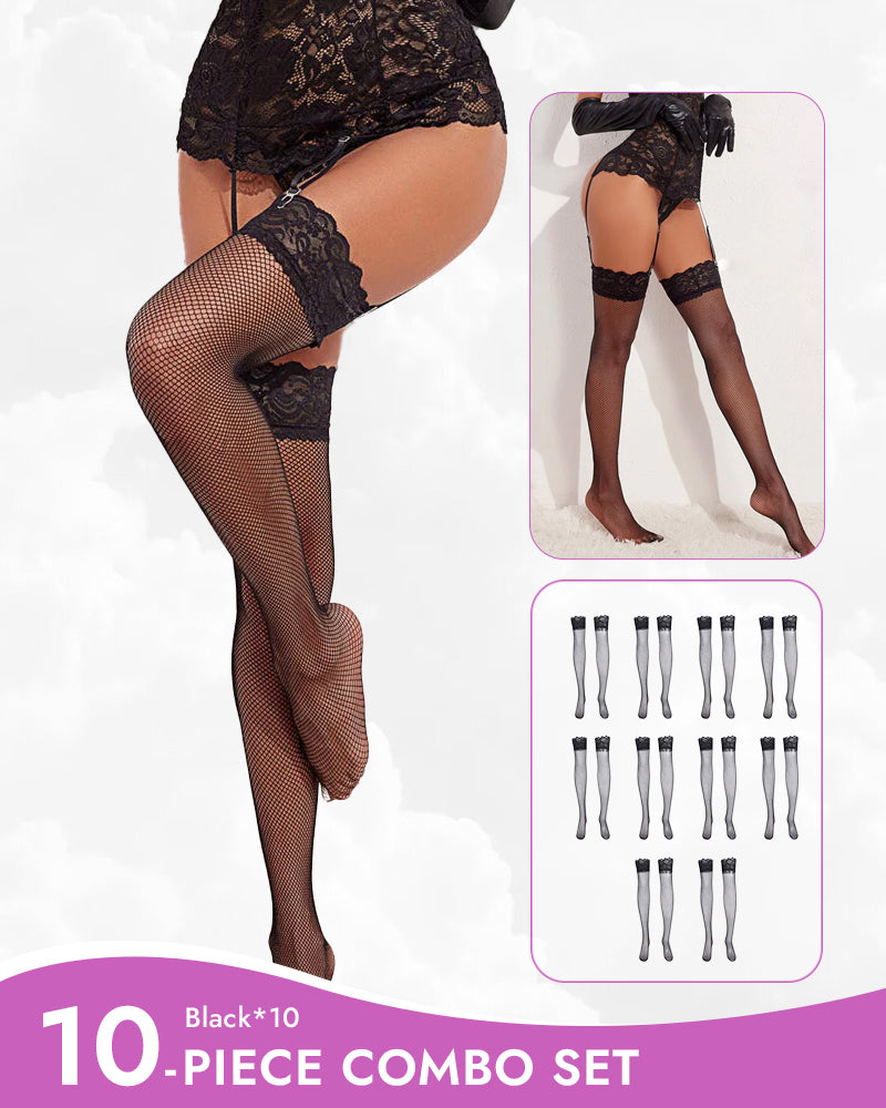 Black fishnet thigh-high stockings combo set. Sheer lace trim, perfect lingerie.