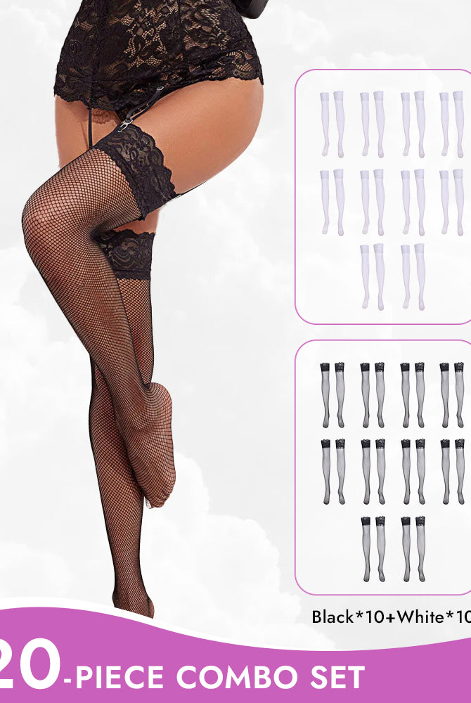 Black fishnet stockings combo set with lace trim, plus white thigh-highs, 20-piece set