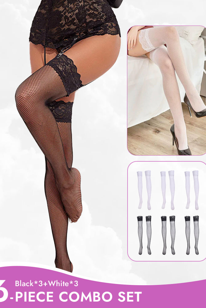 Fishnet Stockings Combo Set: Black and white sheer lace trim thigh-highs, perfect for sexy and confident lingerie.