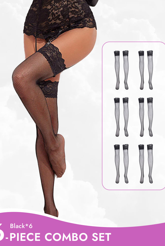 Black fishnet stockings with lace trim, 6-piece combo set, designed to elevate your confidence.