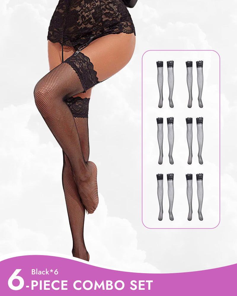 Black fishnet stockings with lace trim, 6-piece combo set, designed to elevate your confidence.