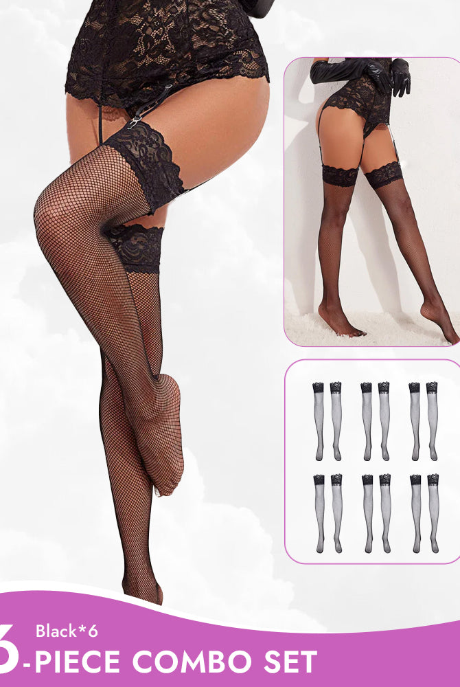 Black fishnet stockings with lace trim, 6-piece combo set for a sexy and confident look.