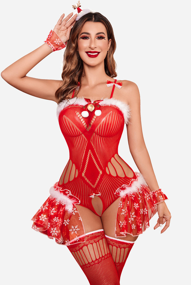 Red Christmas lace bodysuit with stockings, fishnet design, snowflake skirt, and reindeer headband.