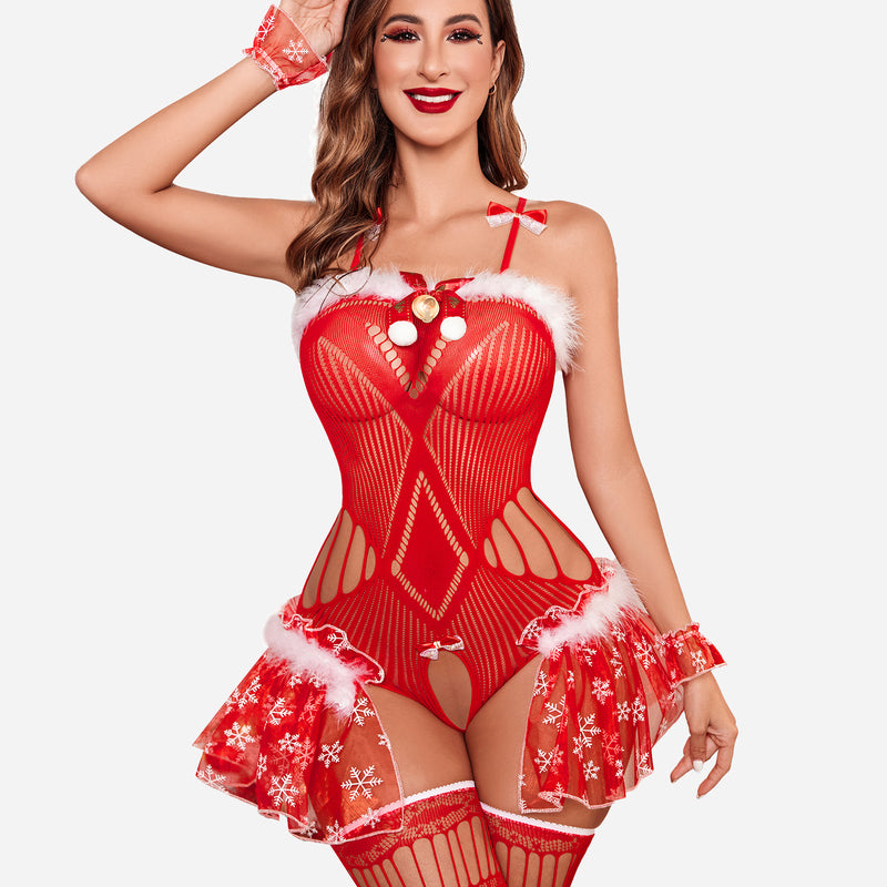 Red Christmas lace bodysuit with stockings, fishnet design, snowflake skirt, and reindeer headband.