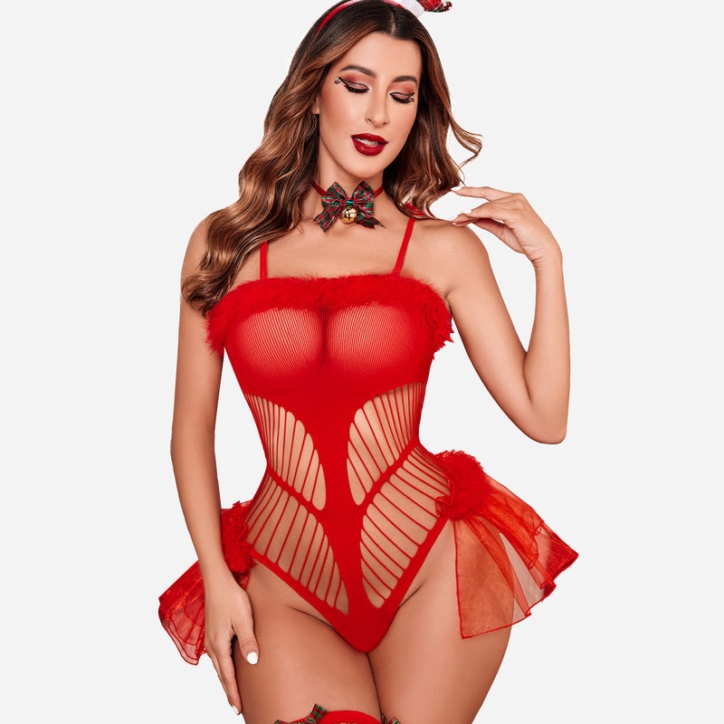 Red Christmas lace bodysuit with stockings and reindeer antlers, featuring fishnet design.