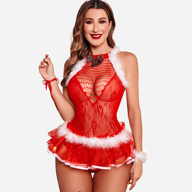 Red Christmas lace bodysuit with reindeer antlers and fishnet stockings. Festive holiday lingerie.