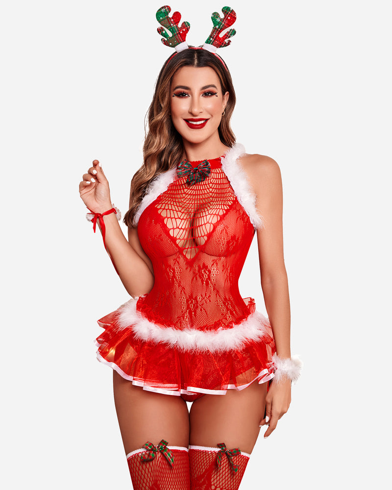 Red Christmas lace bodysuit with reindeer antlers and fishnet stockings. Festive holiday lingerie.