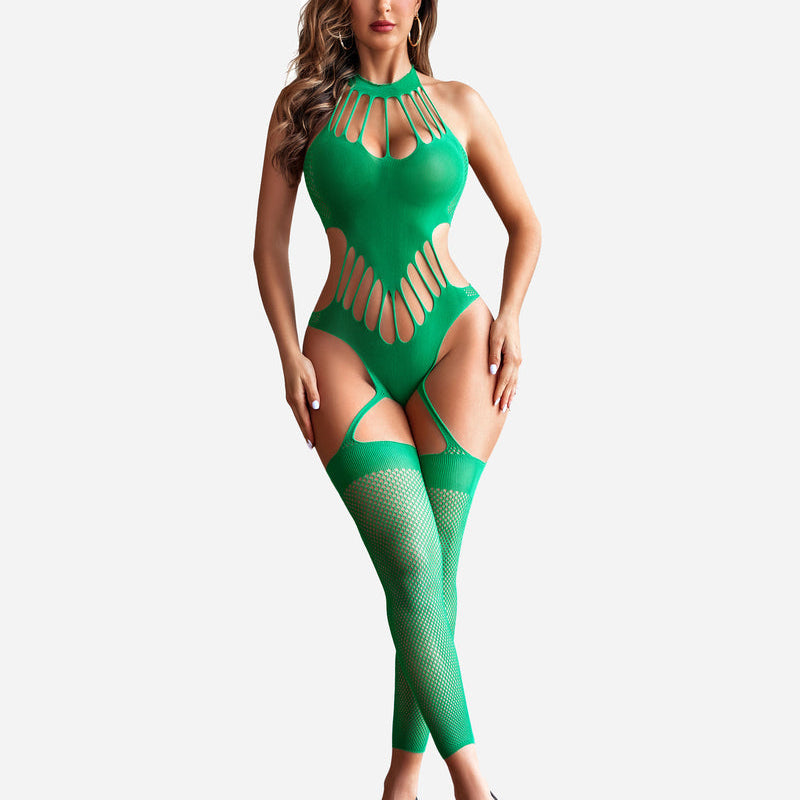 Green fishnet bodysuit with halter neck, cut-out design, and stockings, a sexy lingerie.