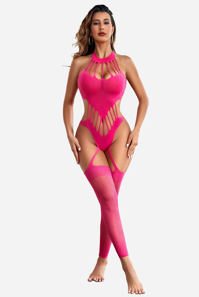 Pink fishnet bodystocking with halter neck, cut-out design, and thigh-high stockings. Sexy lingerie.