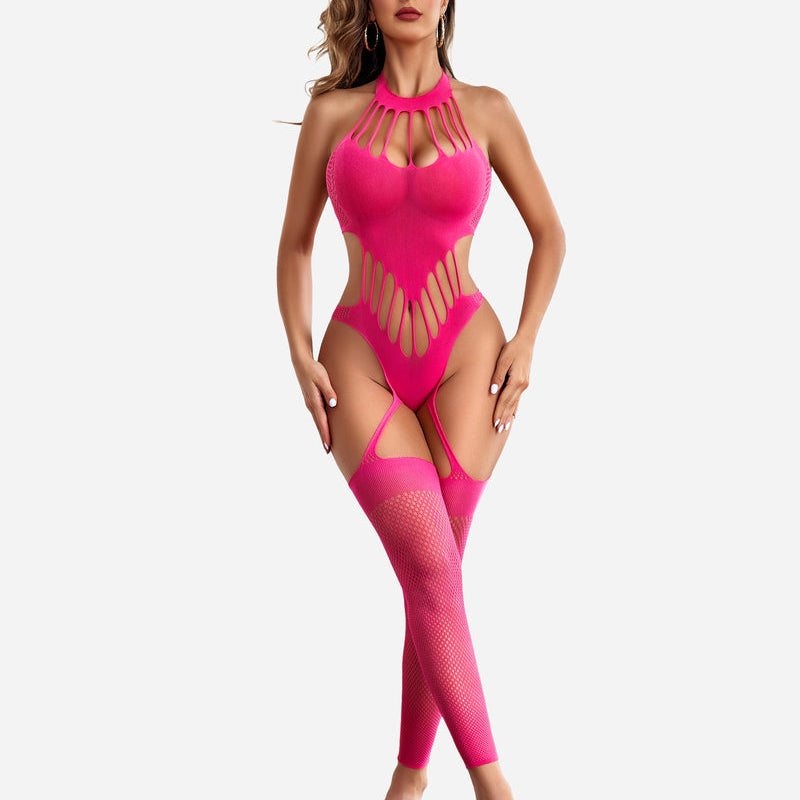 Pink fishnet bodystocking with halter neck, cut-out design, and thigh-high stockings. Sexy lingerie.