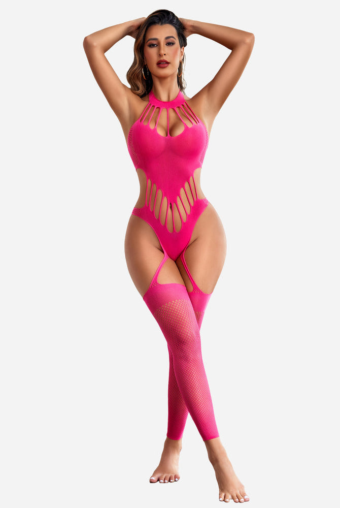 Pink fishnet bodysuit with heart detail and thigh highs. Sexy, fashionable lingerie for confidence.