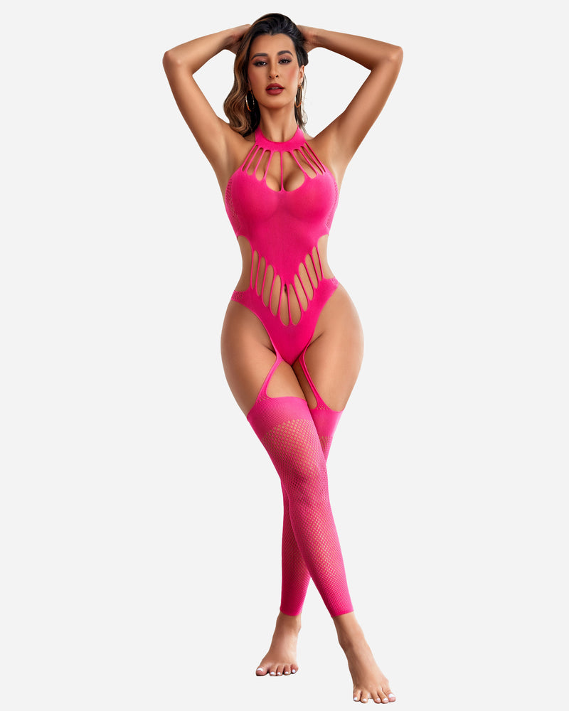 Pink fishnet bodysuit with heart detail and thigh highs. Sexy, fashionable lingerie for confidence.