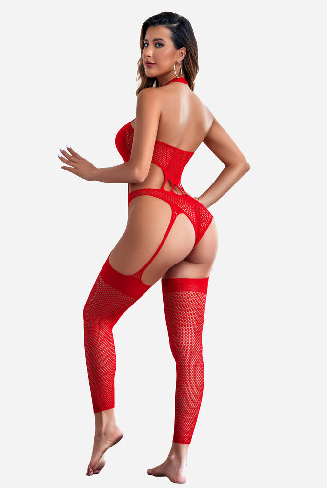 Red fishnet bodystocking lingerie with halter neck and cut-out details, plus thigh-high stockings
