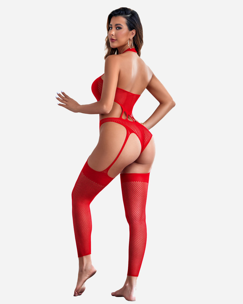 Red fishnet bodystocking lingerie with halter neck and cut-out details, plus thigh-high stockings