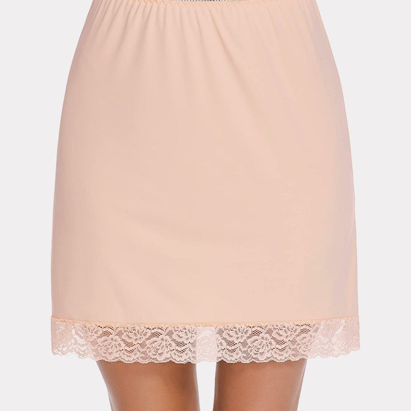 Beige half slip skirt with lace trim, elastic waist, and above knee length for comfortable wear