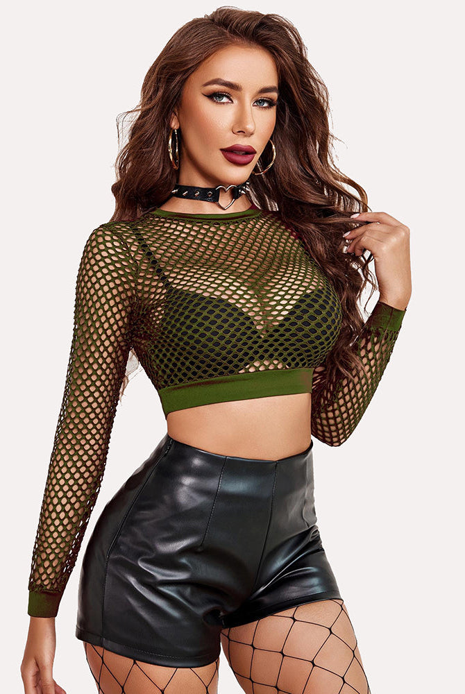 Olive green fishnet crop top with black leather shorts, lingerie fashion