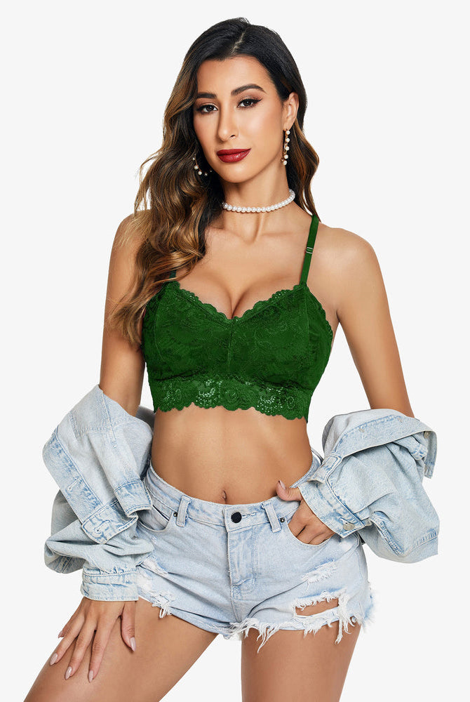 Avidlove green floral lace bralette with denim shorts. Sexy V-neck lingerie.