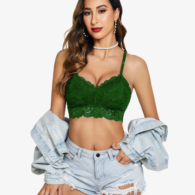 Avidlove green floral lace bralette with denim shorts. Sexy V-neck lingerie.