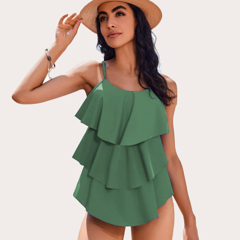 Green Ruffle Tankini Swimsuit with Adjustable Straps for Women