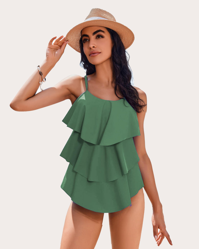 Green Ruffle Tankini Swimsuit with Adjustable Straps for Women