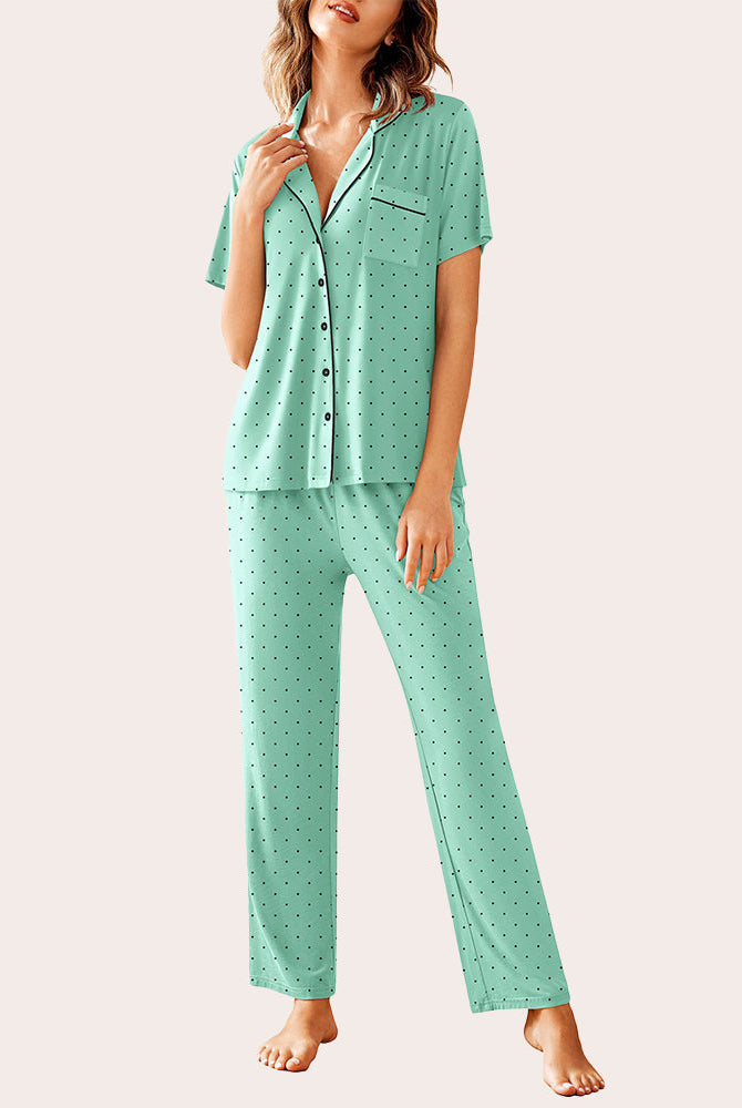 Mint green polka dot notch collar pajama set. Comfortable women's sleepwear set with black trim.