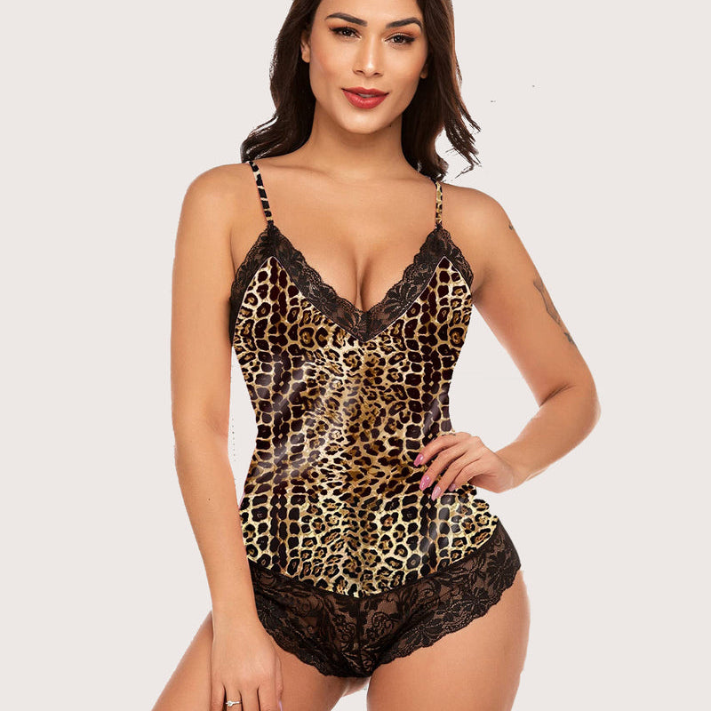 Leopard-print lace short pajama bodysuit with black scalloped trim, spaghetti straps