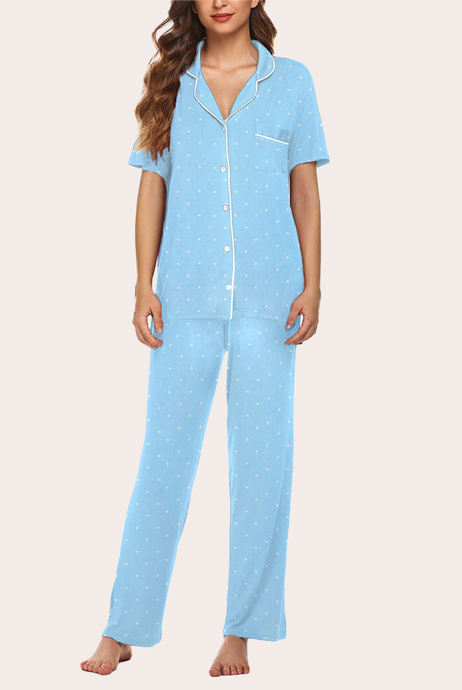 Light blue polka dot notch collar pajama set. Soft, comfy sleepwear for women.