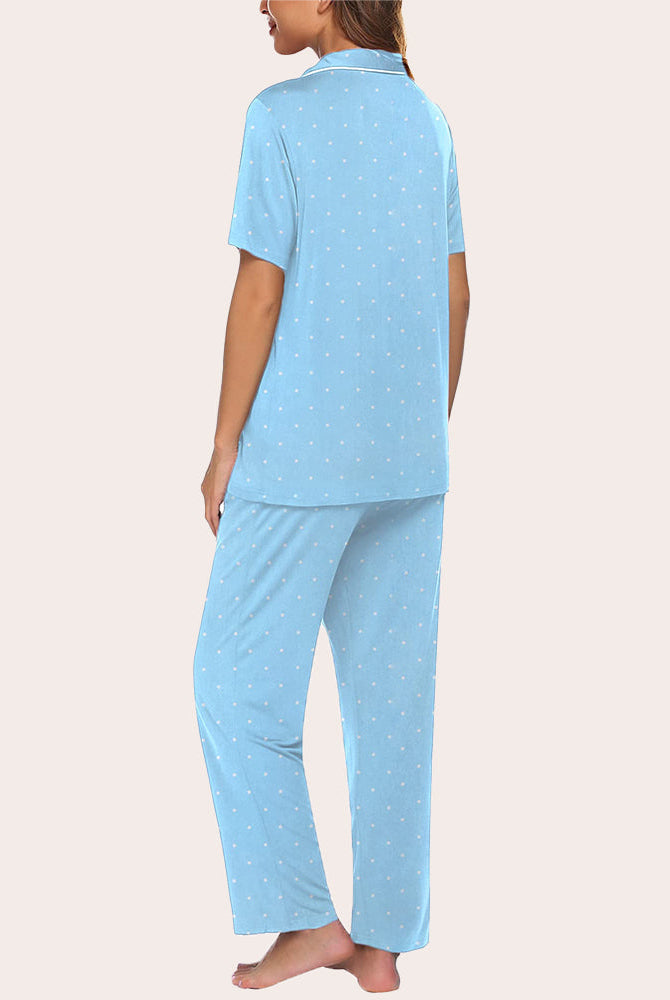 Light blue polka dot notch collar pajamas set. Soft and comfy sleepwear for women.