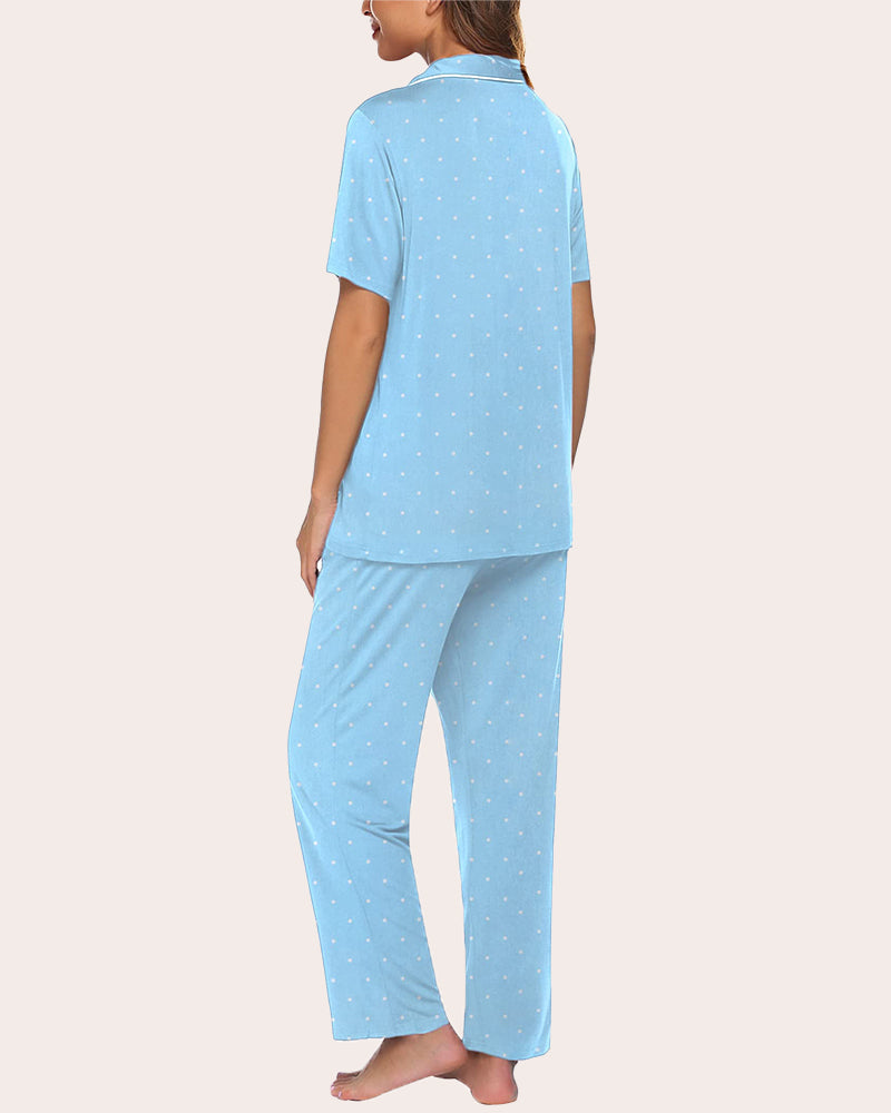Light blue polka dot notch collar pajamas set. Soft and comfy sleepwear for women.