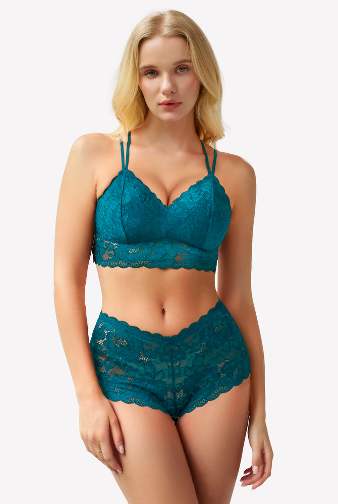 Teal floral lace lingerie set. Sexy floral lace bra and panty for women. Comfortable design.