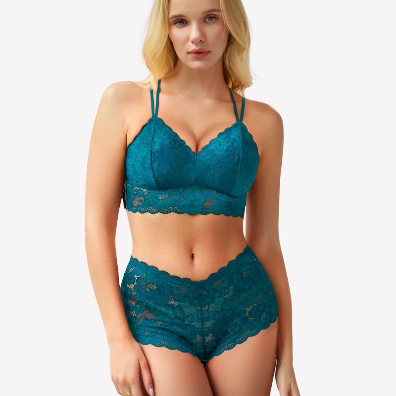 Teal floral lace lingerie set. Sexy floral lace bra and panty for women. Comfortable design.