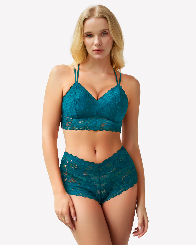 Teal floral lace lingerie set. Sexy floral lace bra and panty for women. Comfortable design.